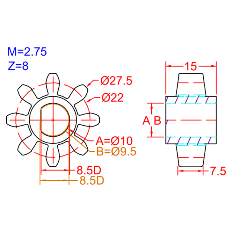 8T 22 Spur gear Dimensions