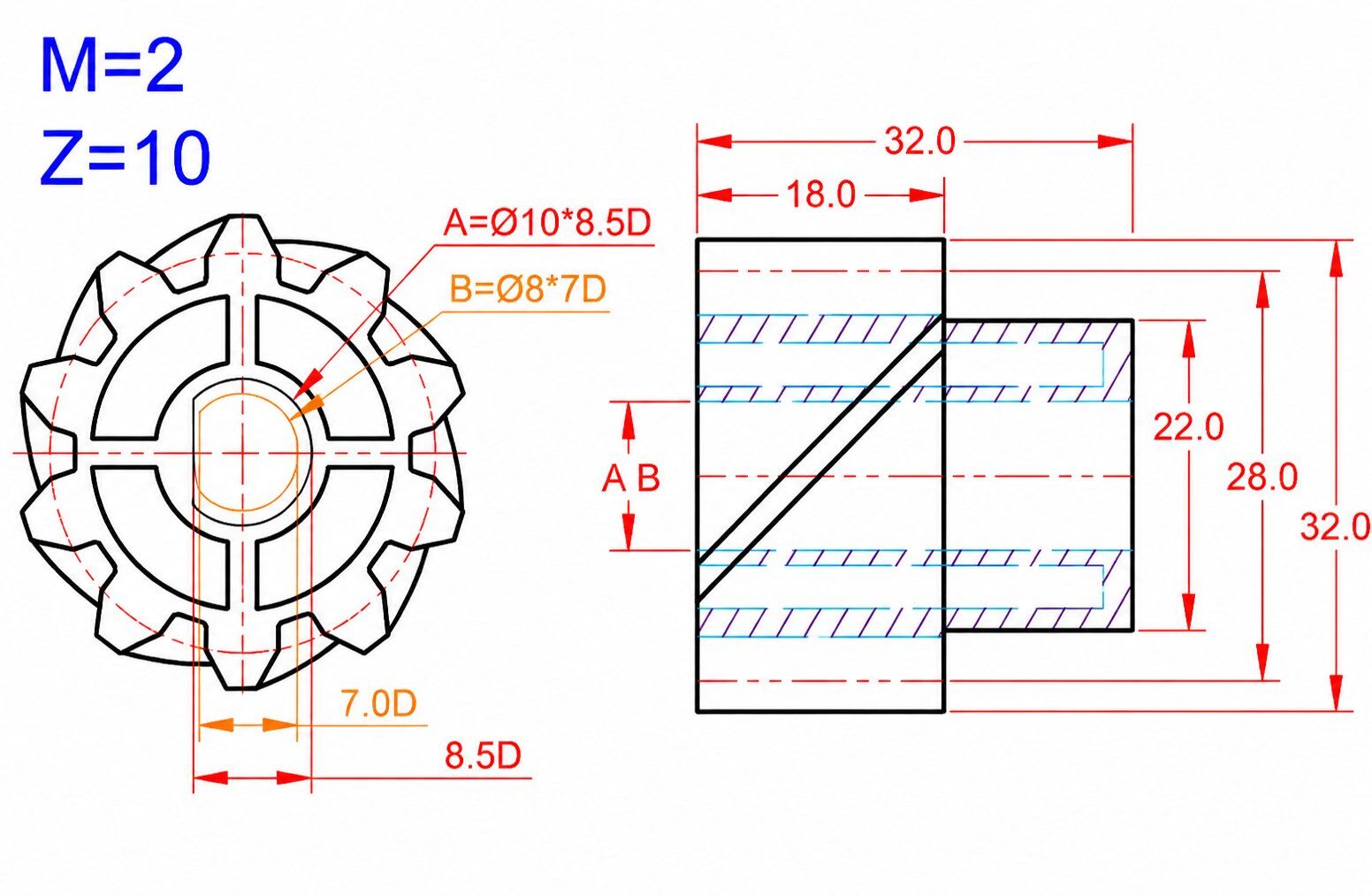 10T Helical Gear AB Design Drawing